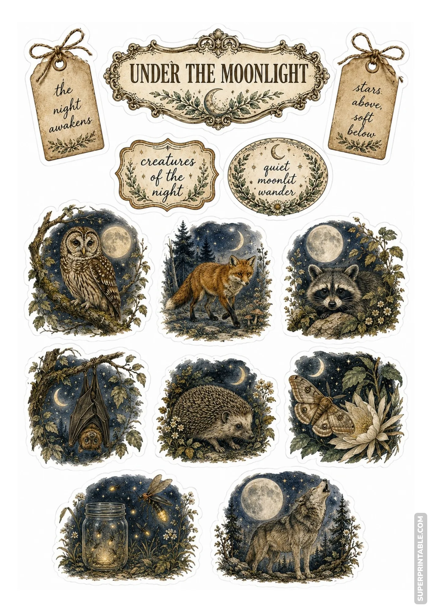 Nocturnal wildlife sticker sheet displaying vintage owls, wolves, bats, and moonlit creatures.