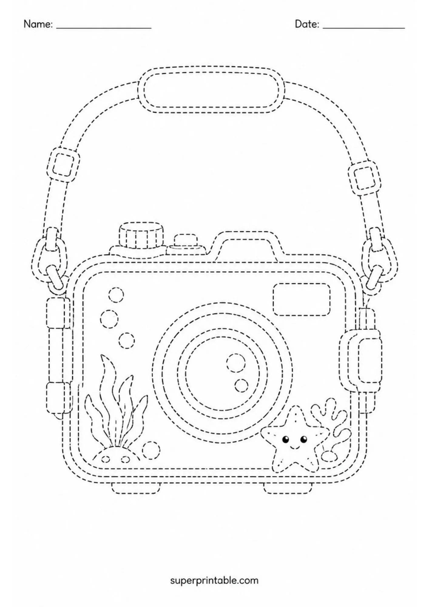 Waterproof underwater camera with neck strap line tracing worksheet decorated with a cute starfish and seaweed.