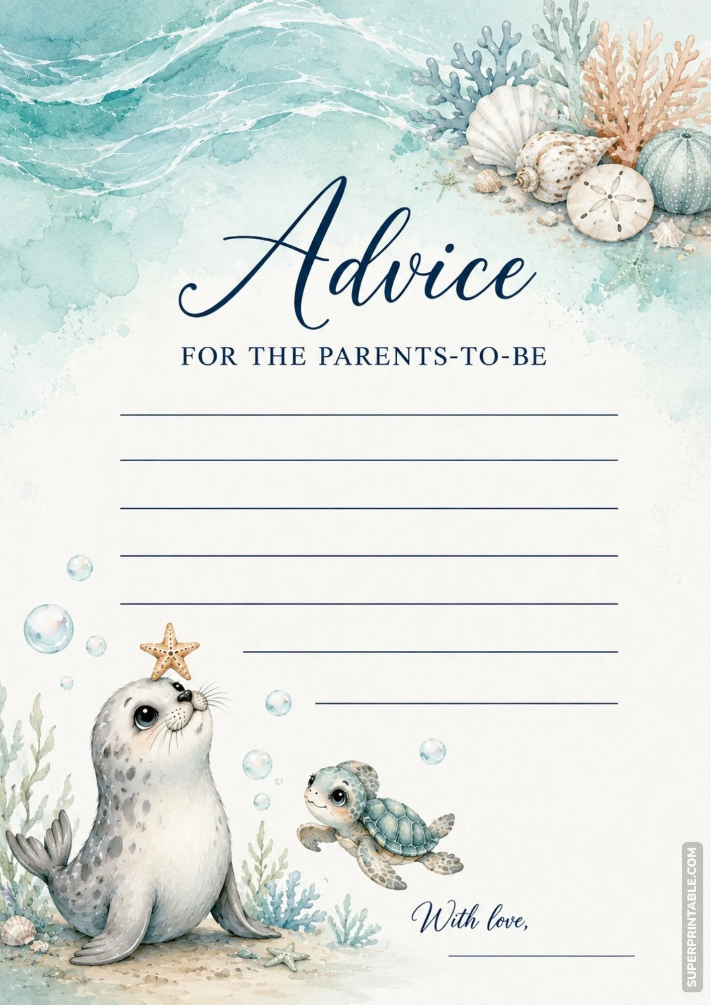 Printable baby shower advice card with watercolor sea turtle and cute spotted seal among ocean corals.