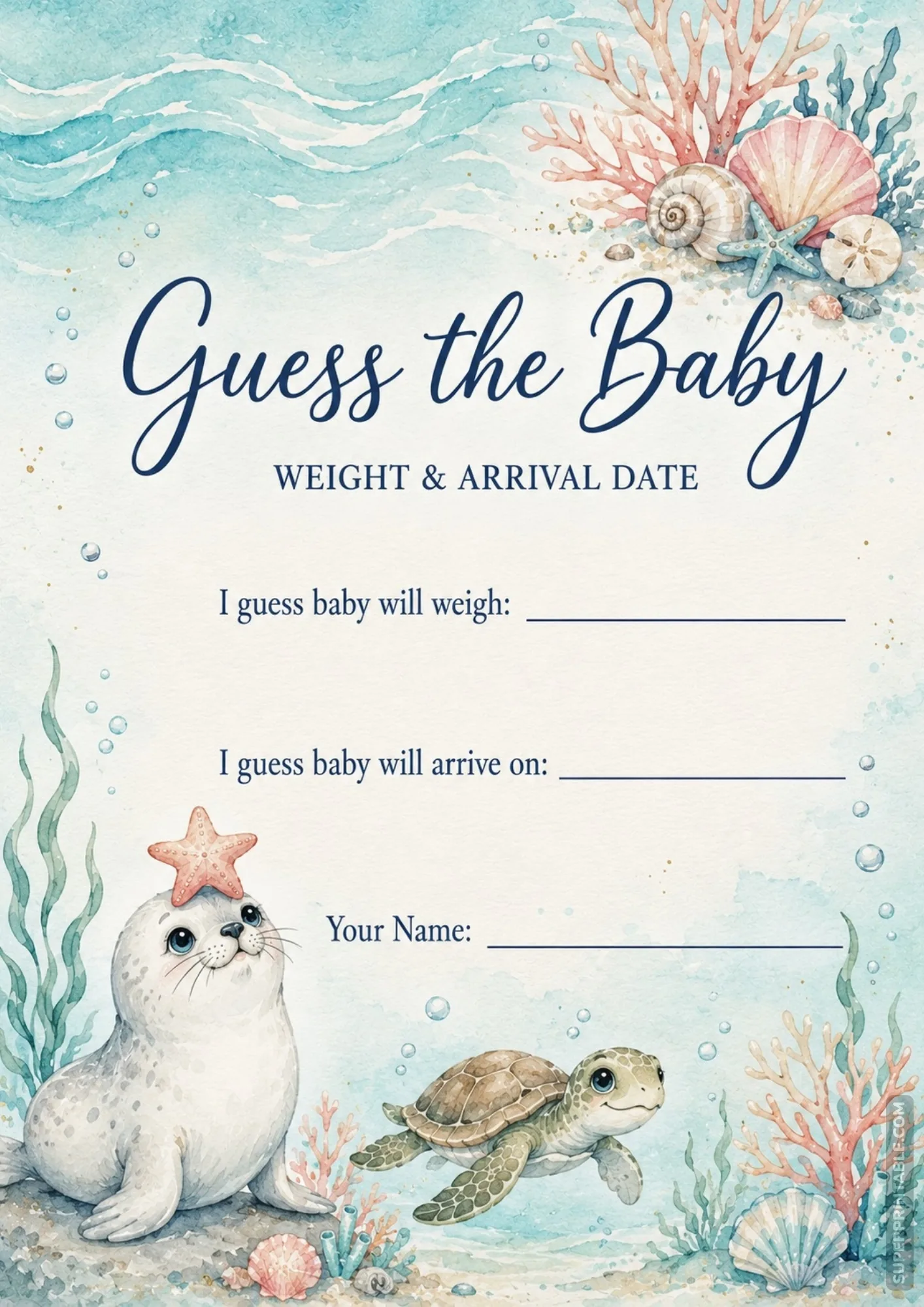 Ocean themed baby prediction game card featuring a baby seal with a starfish and a small sea turtle.