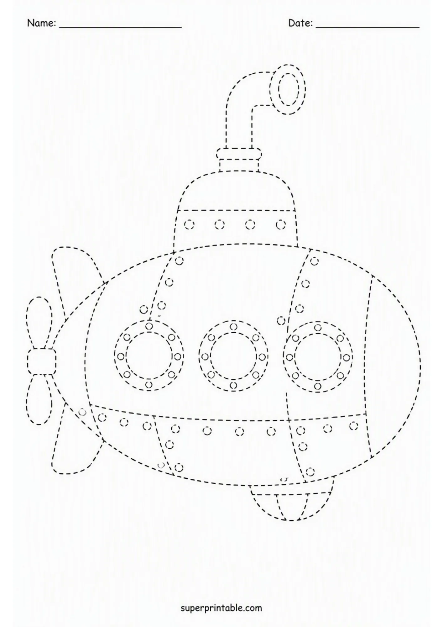 Submarine tracing worksheet featuring dashed outlines of a submarine with portholes and a periscope for ocean practice.