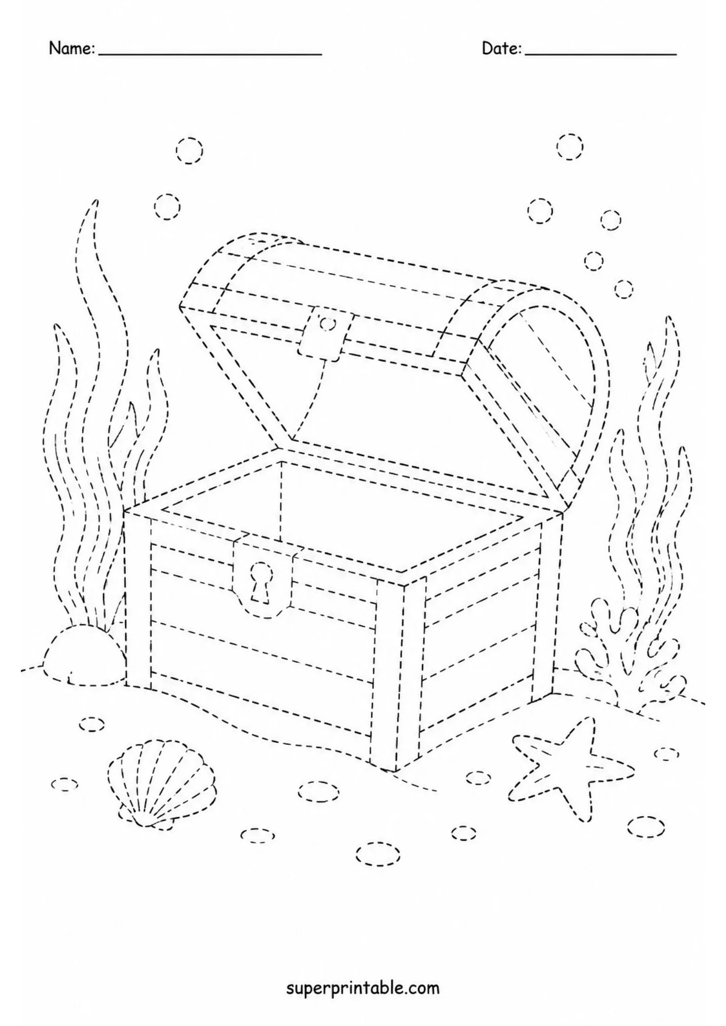 Open sunken treasure chest tracing worksheet on sea floor with starfish, seashells, and tall underwater plants.