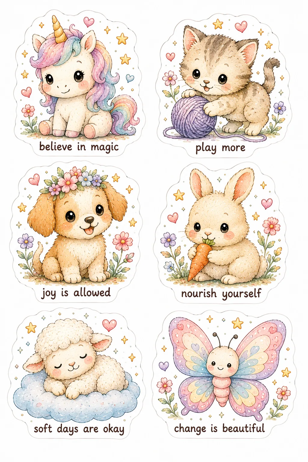 Pastel unicorn, kitten, puppy, bunny, sleeping lamb, and butterfly stickers with cheerful messages