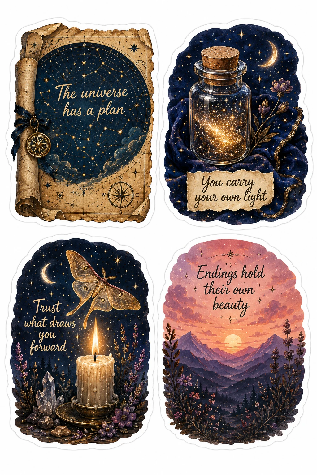 Universe Plan Carry Own Light Beauty Sheet featuring celestial aesthetic, cosmic magic, moon phases, tarot cards, and astrology.