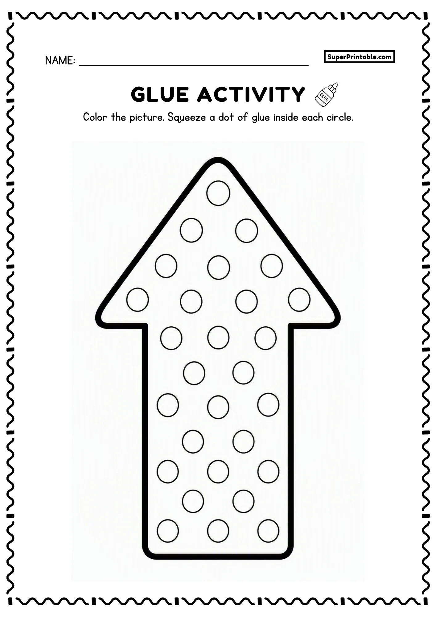 Upward arrow filled with small circles for a preschool fine motor glue worksheet