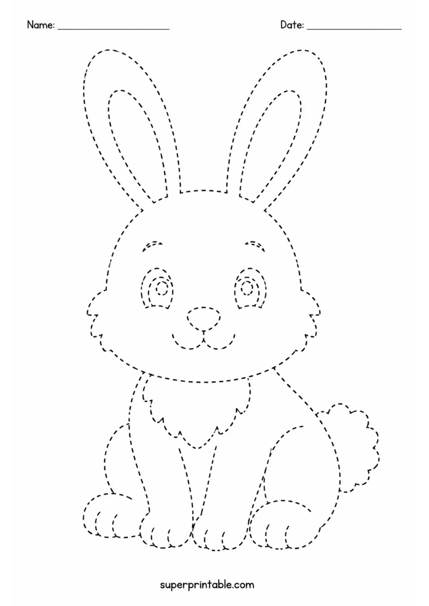 Upright bunny rabbit with long ears dashed line outline tracing printable.
