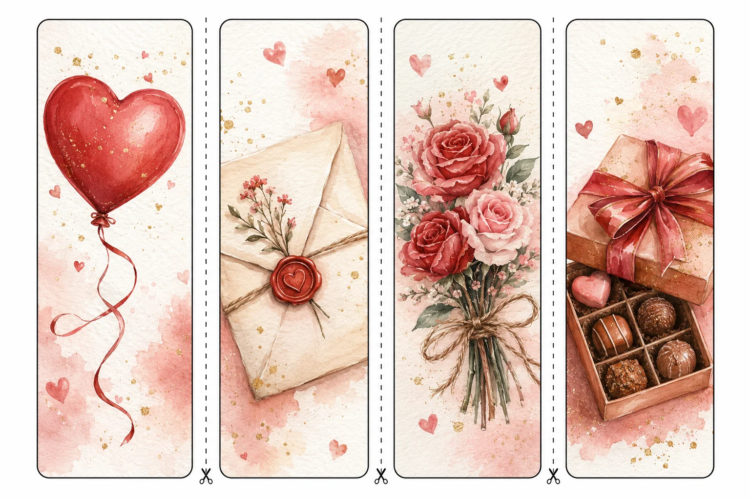 Printable Valentine's Day bookmarks sheet 1, heart balloon and love letter