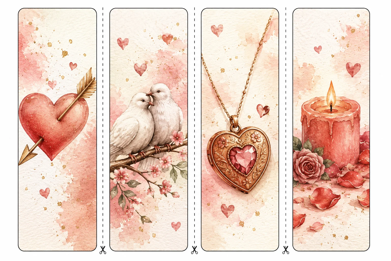 Printable Valentine's Day bookmarks sheet 2, cupid's arrow and candlelight