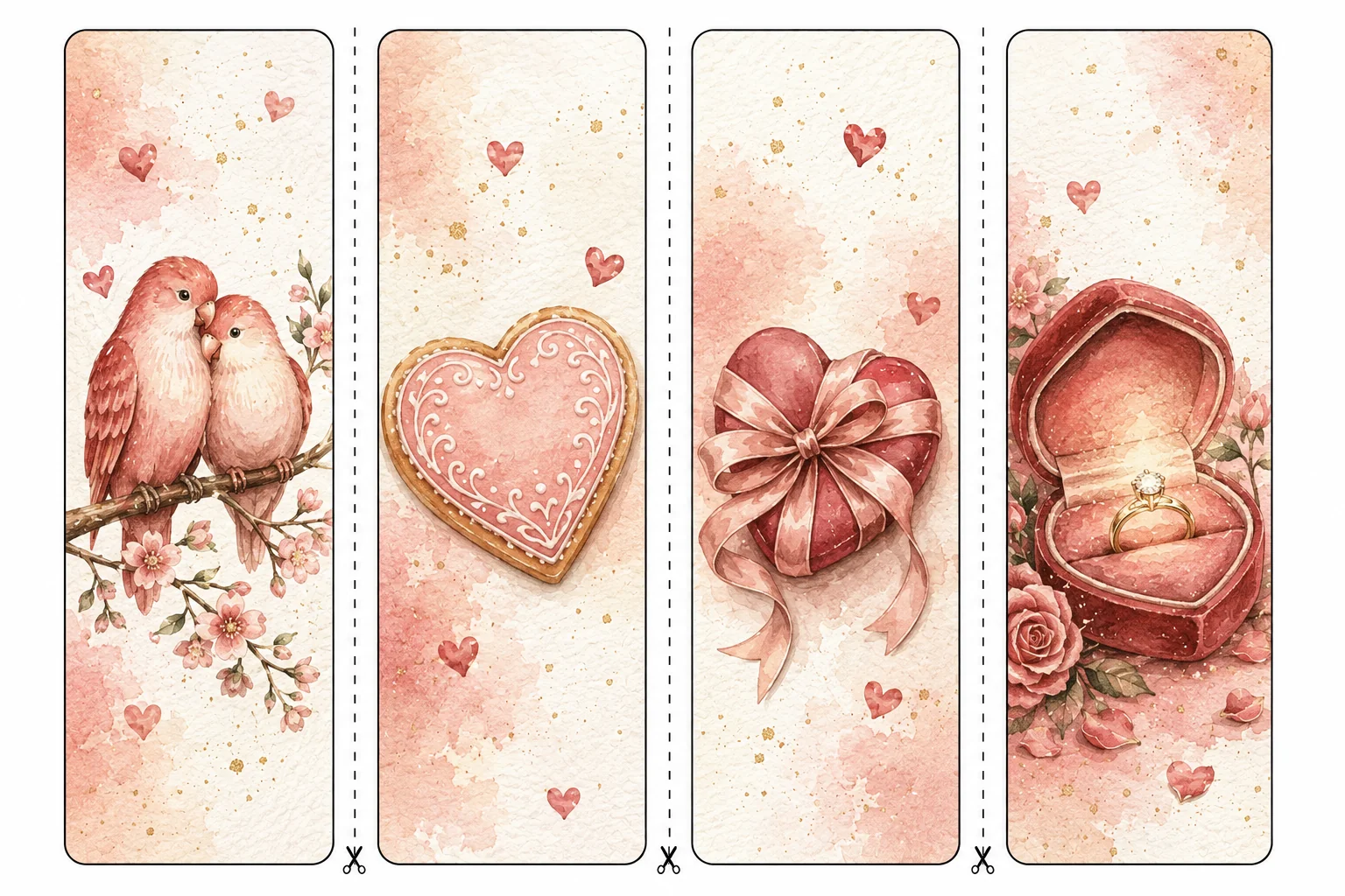 Printable Valentine's Day bookmarks sheet 3, lovebirds and ring box
