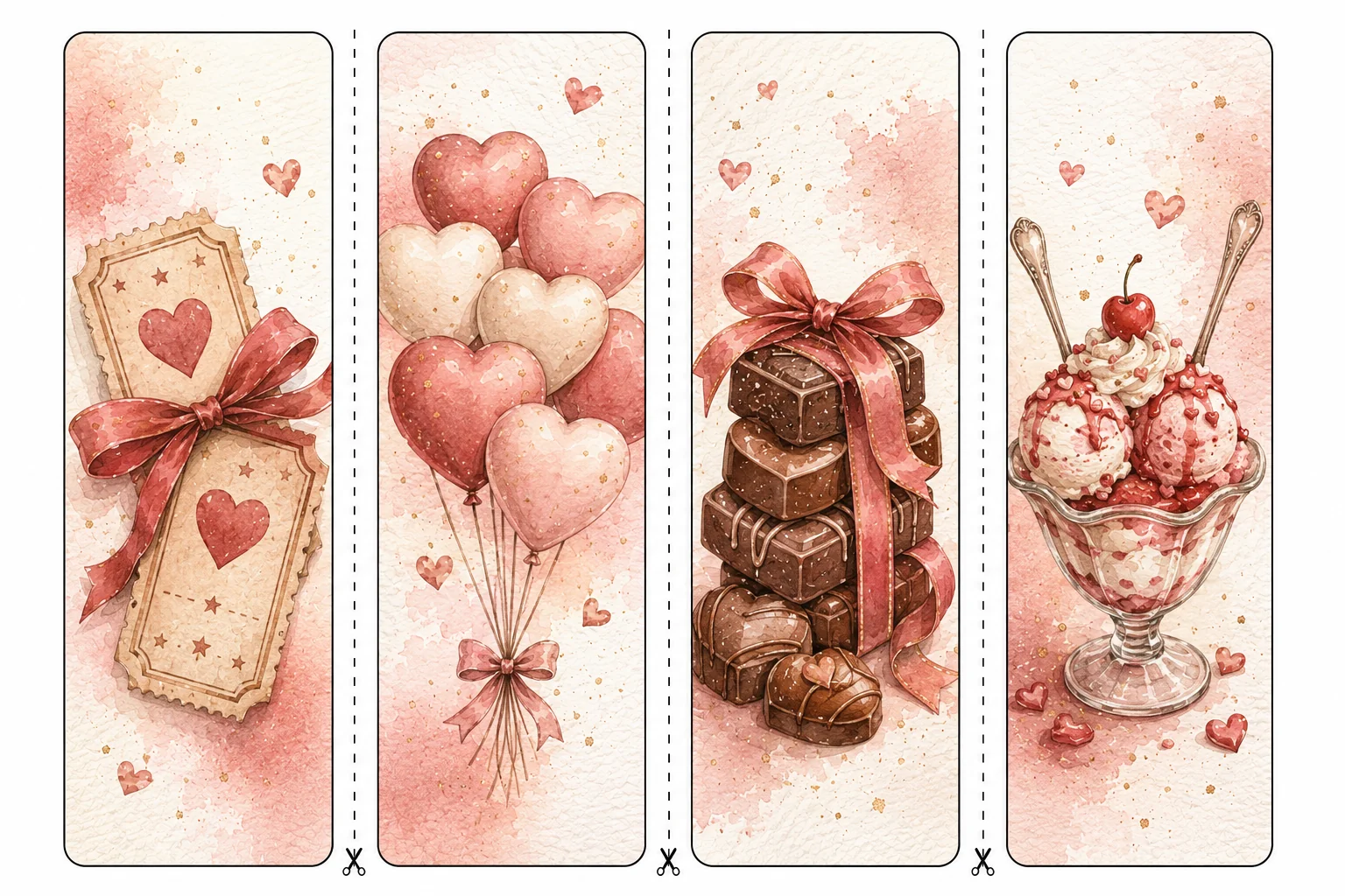 Printable Valentine's Day bookmarks sheet 4, tickets and shared sundae