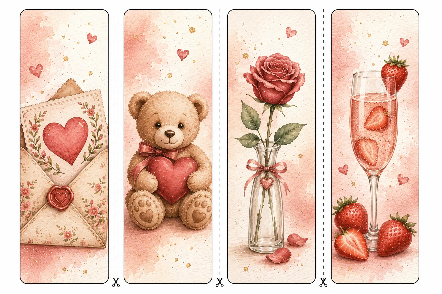 Printable Valentine's Day bookmarks sheet 5, valentine card and teddy