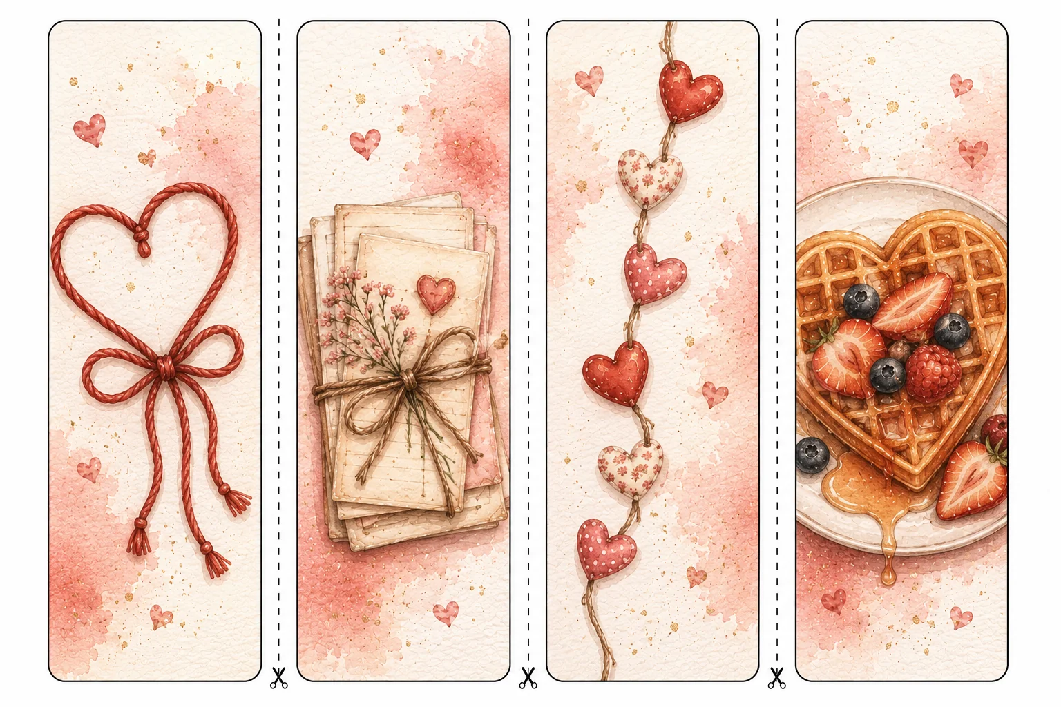 Printable Valentine's Day bookmarks sheet 6, paper hearts and berry waffle