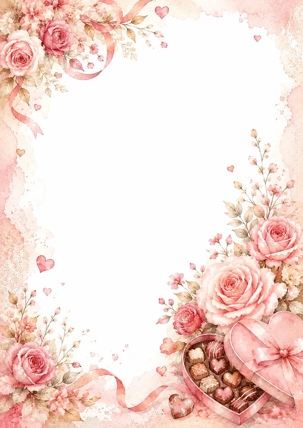 Pink rose washed border with heart-shaped chocolates, flowers, ribbons, and lace
