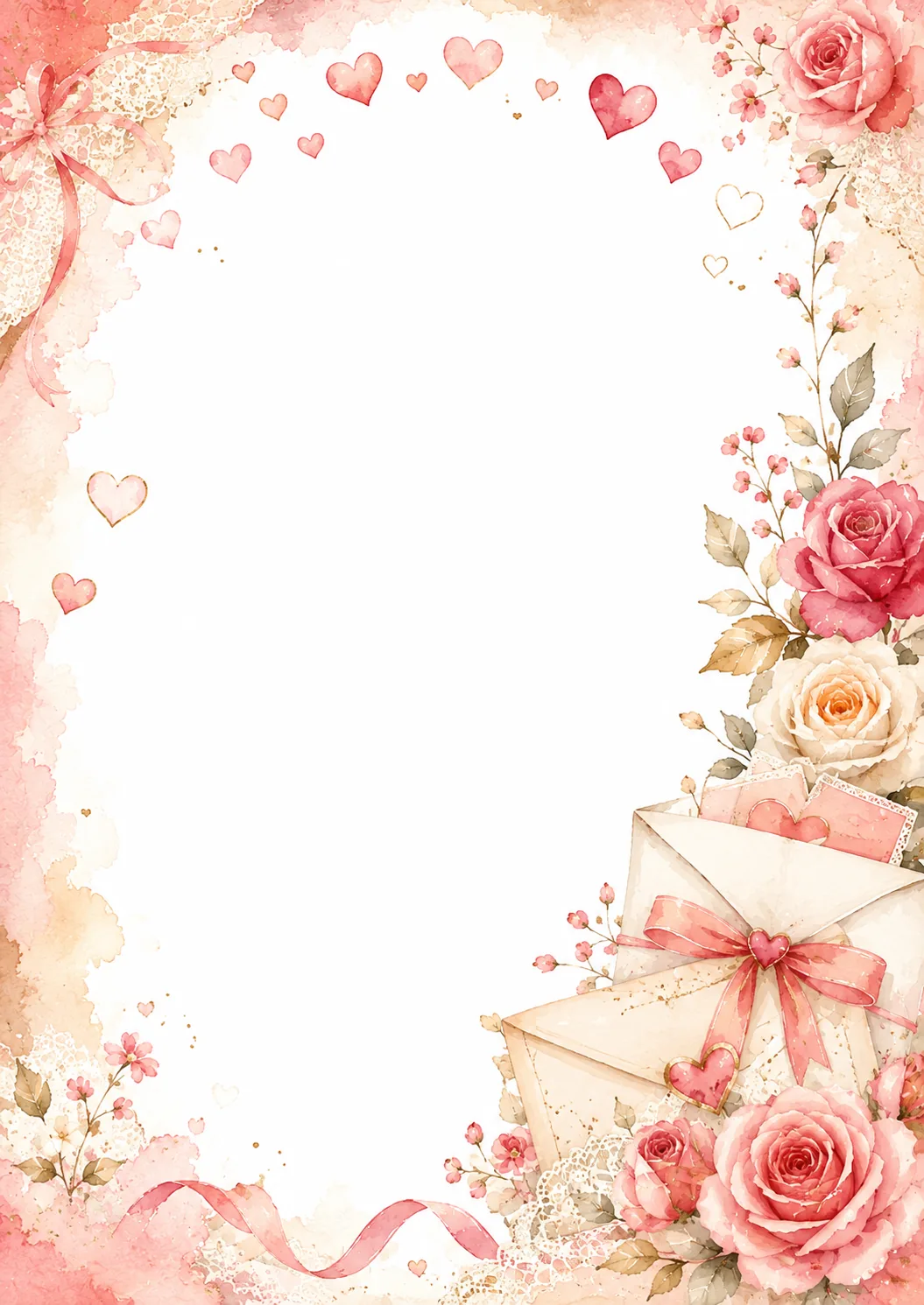 Pink washed border with roses, decorated envelopes, ribbons, lace, and floating hearts