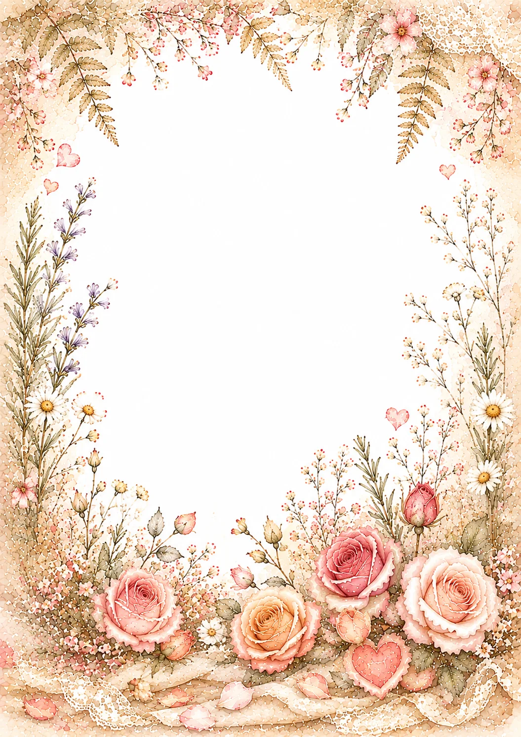 Vintage washed border with heart locket, stacked papers, pink roses, ribbons, and lace