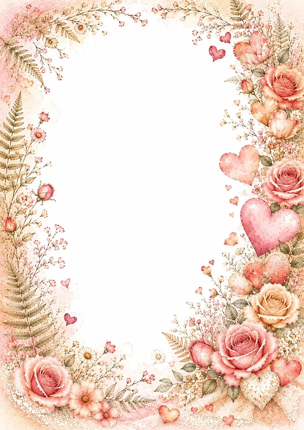 Rustic washed border with heart tray, roses, wheat, ribbons, lace, and flowers