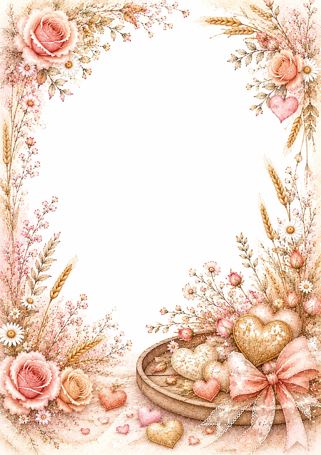 Romantic floral washed border with pink roses, peach flowers, lace, ribbons, and hearts