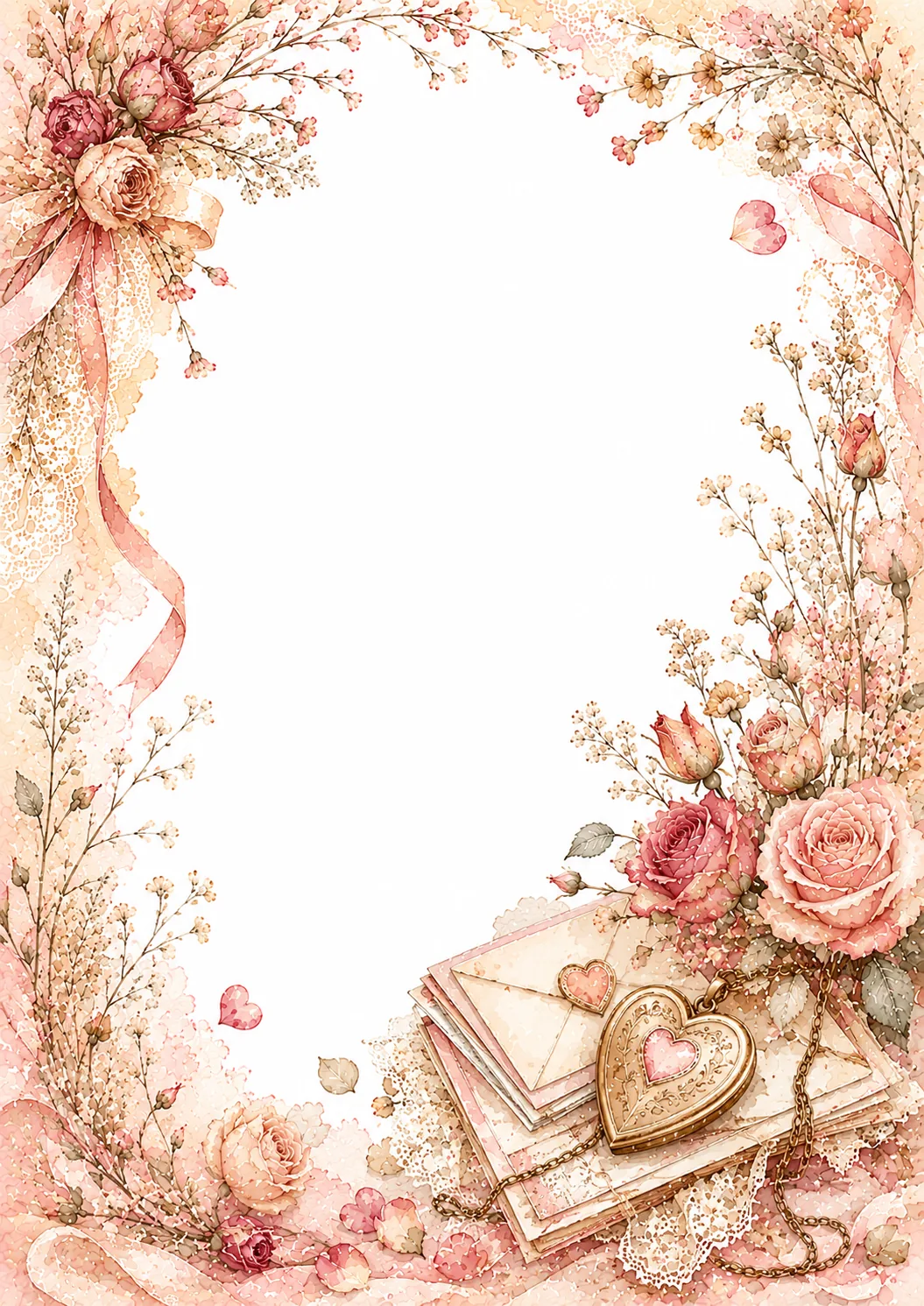 Watercolor washed border with hearts, pink roses, lace, ribbons, and delicate flowers