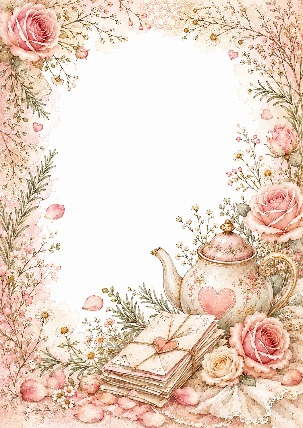 Vintage lantern washed border with pink roses, lace, petals, hearts, and floral branches