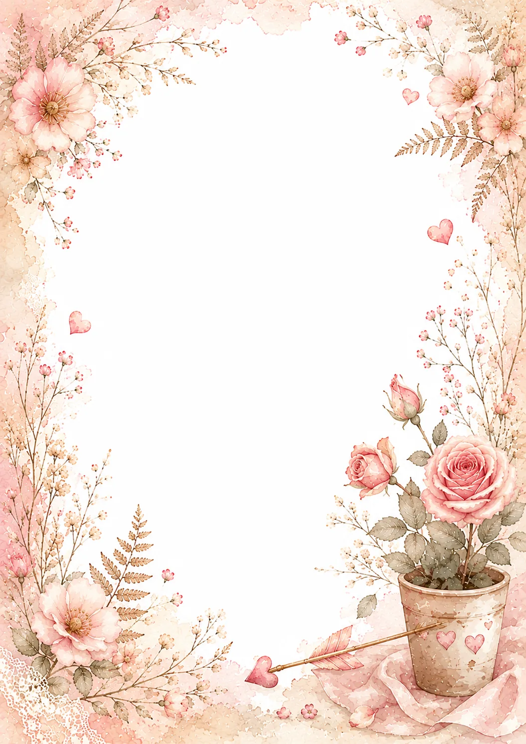 Floral washed border with love birds, roses, hearts, flowers, and a vintage lantern