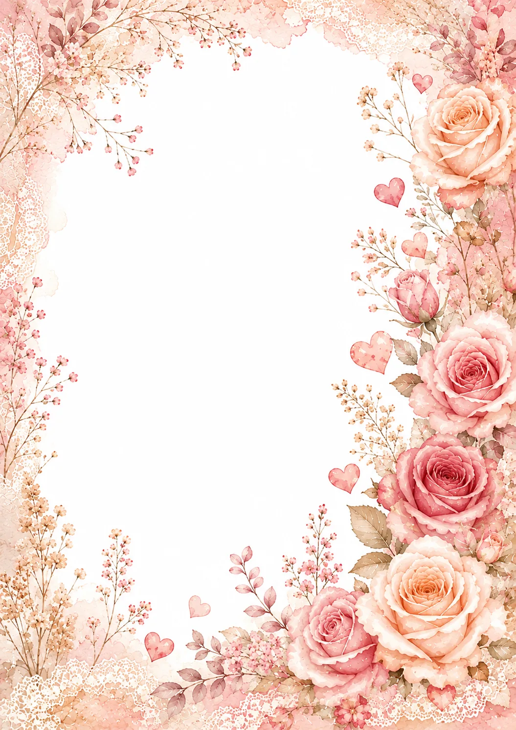 Pink rose washed border with delicate blossoms, hearts, lace, ribbons, and white center