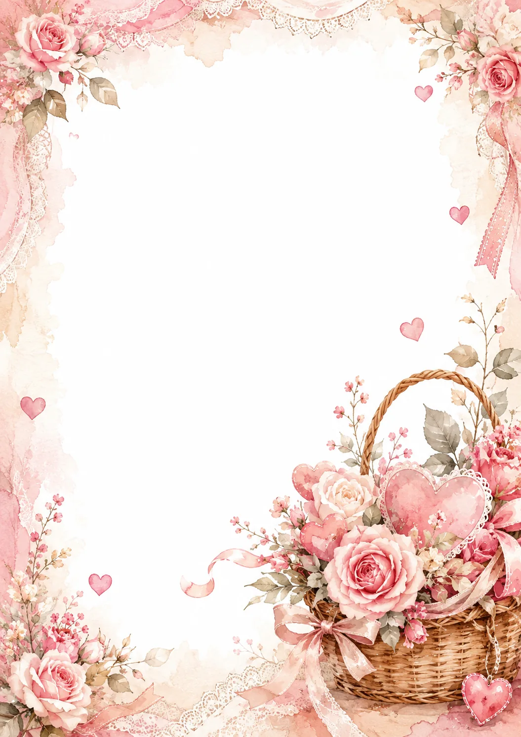 Valentine's Day Washed Border Pages with pink roses, lace, hearts, and a flower basket