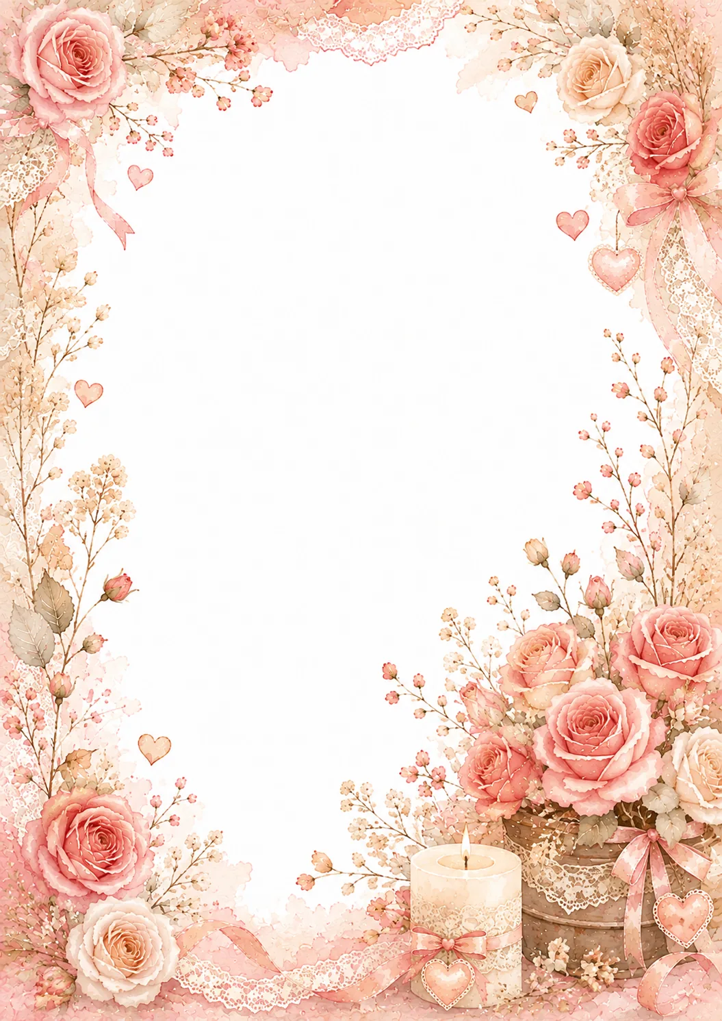Romantic washed border with pink roses, candle, hearts, lace, ribbons, and flowers