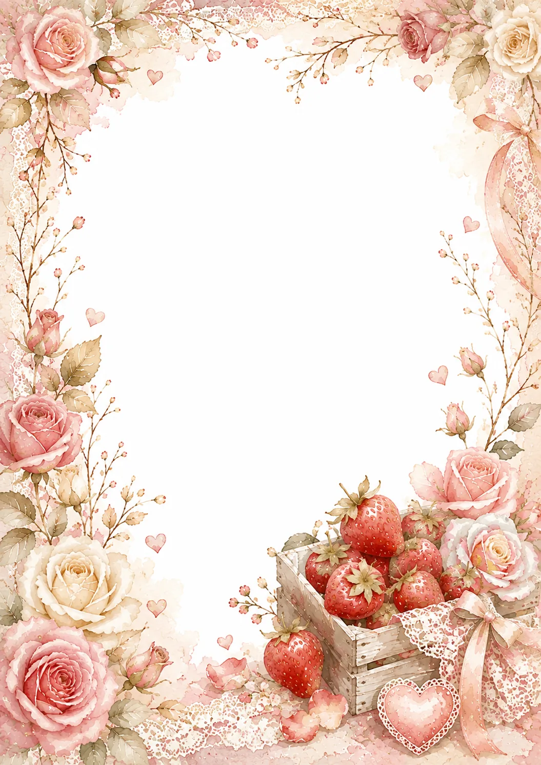 Washed floral border with pink roses, fresh strawberries, hearts, ribbons, and lace