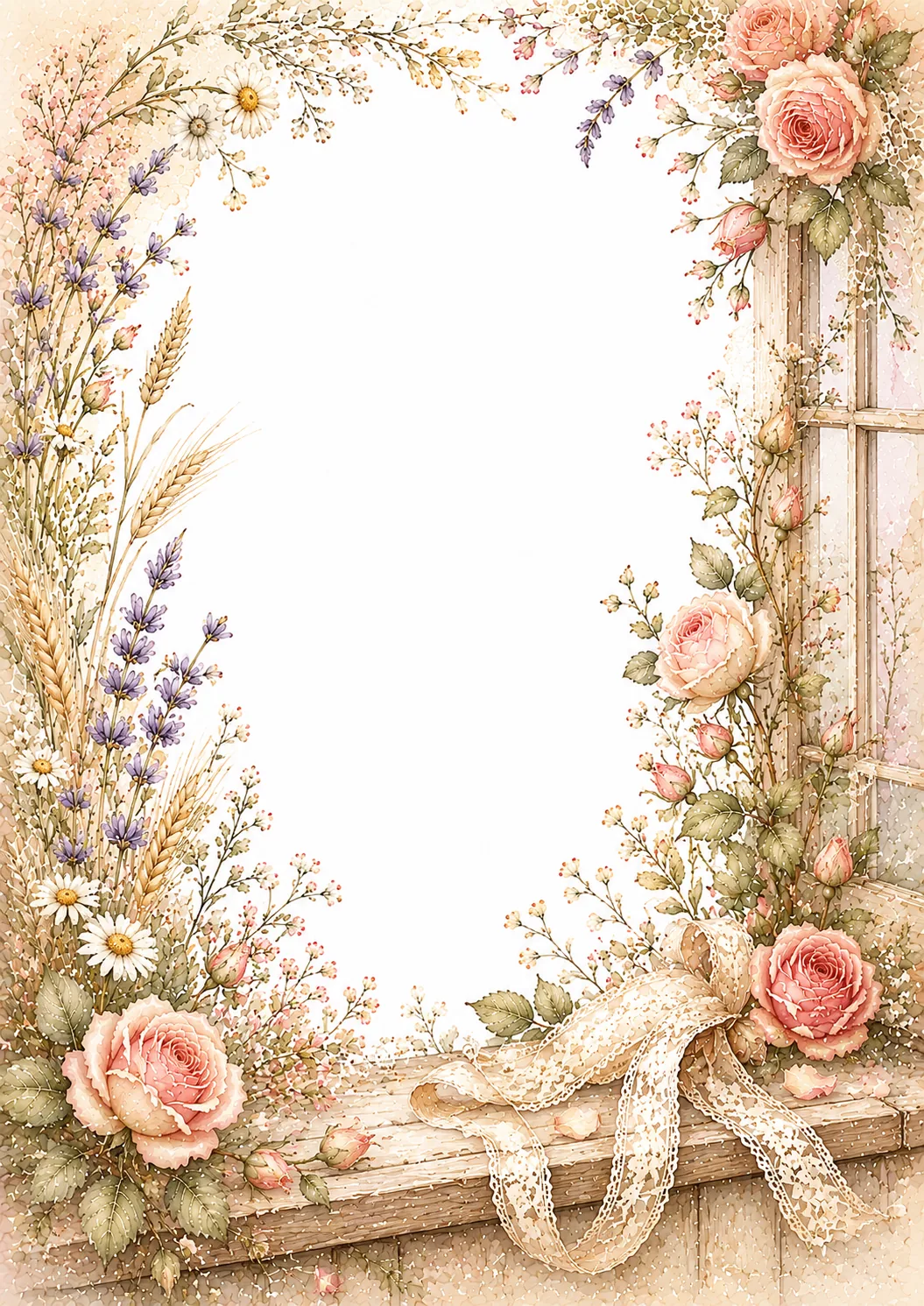 Floral teapot washed border with roses, tied letters, daisies, lace, and blossoms