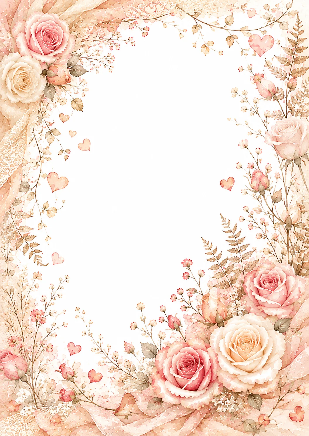 Vintage washed border with roses, decorated letters, ribbons, and an ornate heart locket