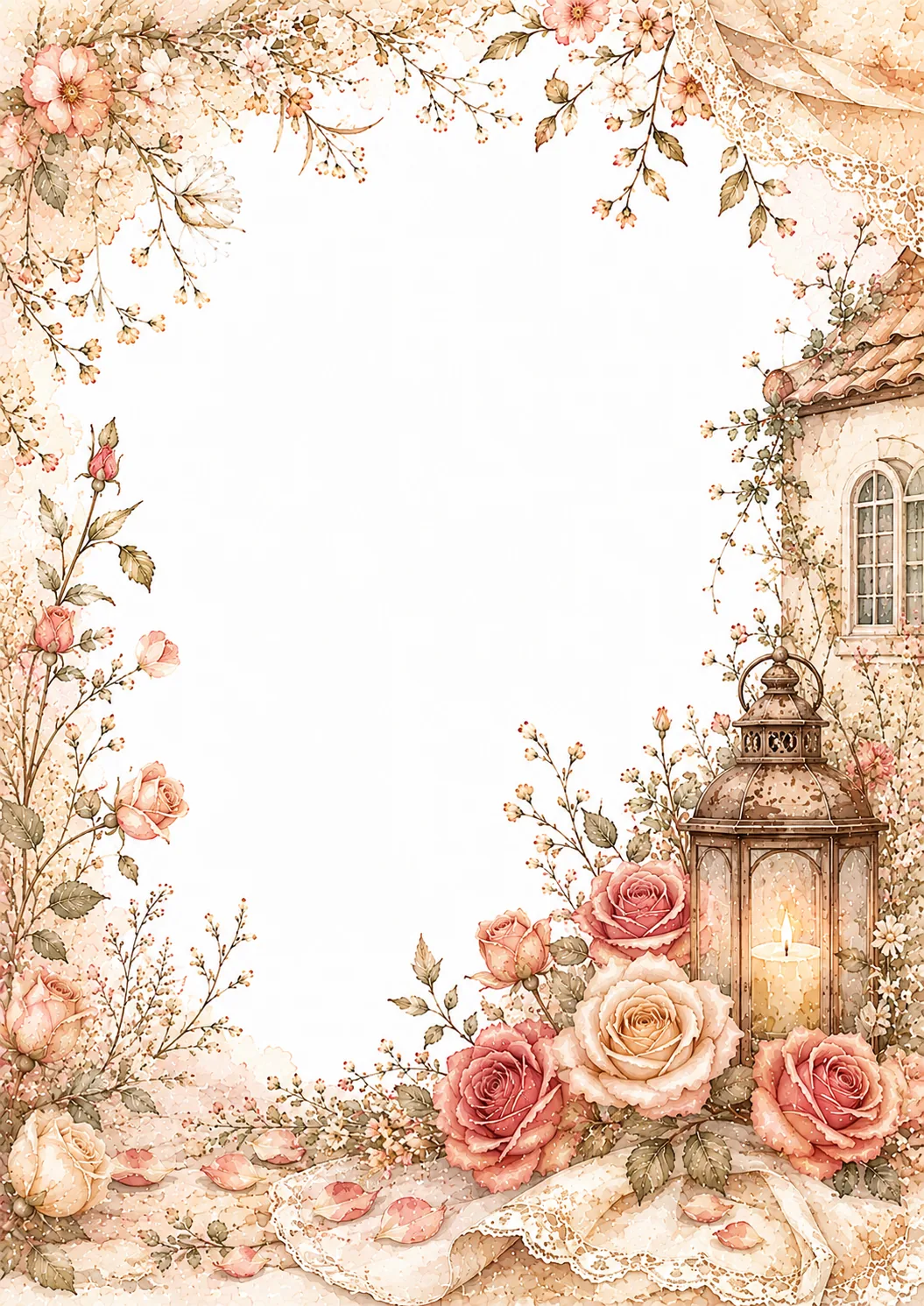 Wildflower washed border with lavender, daisies, pink roses, lace, and soft floral details