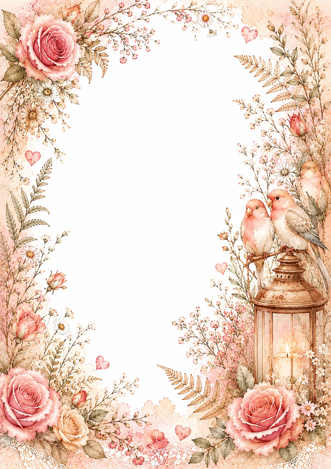 Rustic washed border with pink roses, wheat, lavender, daisies, and a vintage window