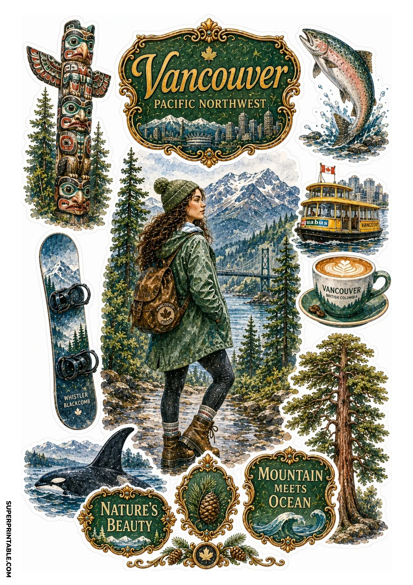 Vancouver Canada sticker sheet showing totem pole, snowboarding, and salmon