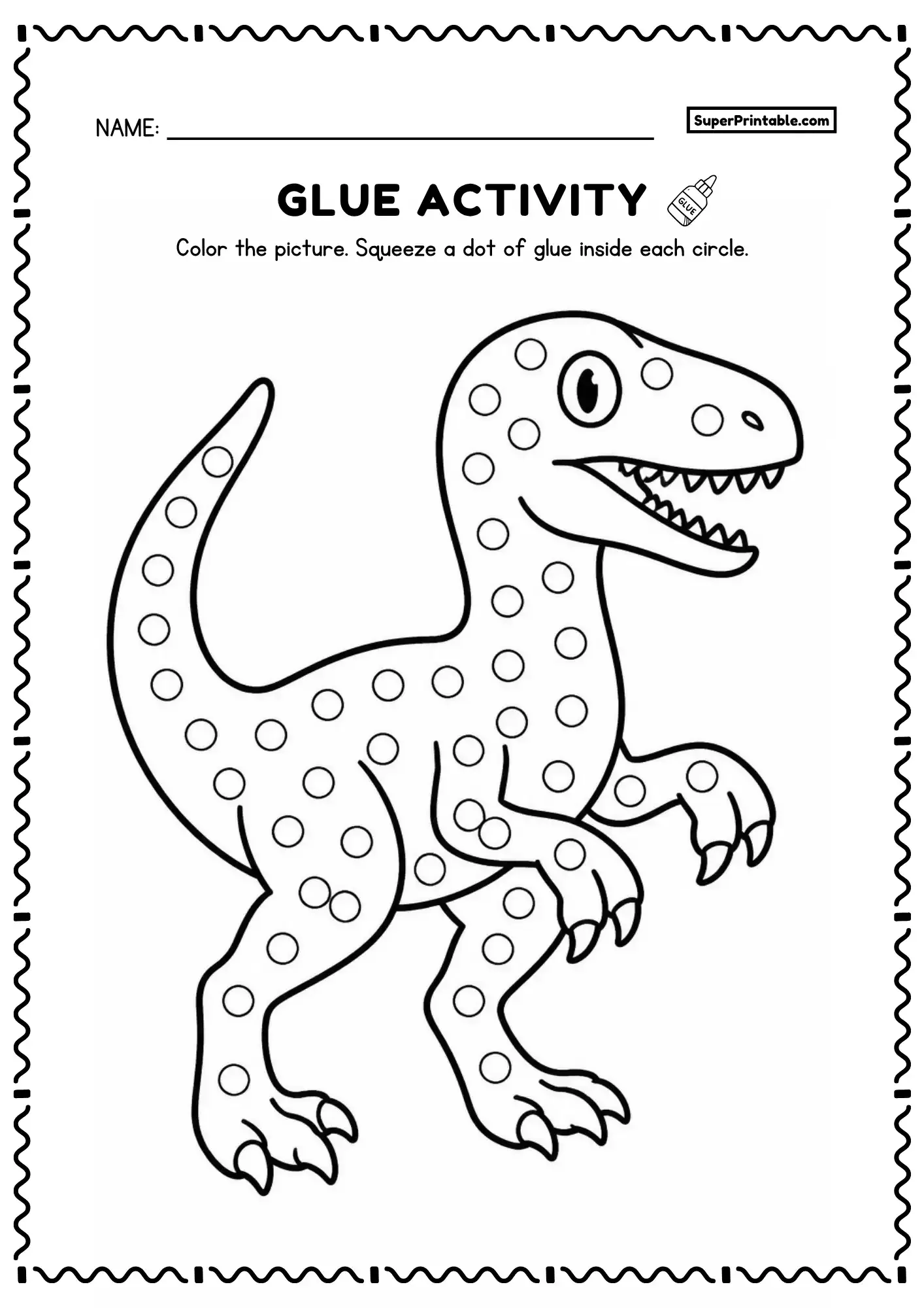 Raptor dinosaur glue worksheet with outlined circles, curved tail, claws, and open mouth
