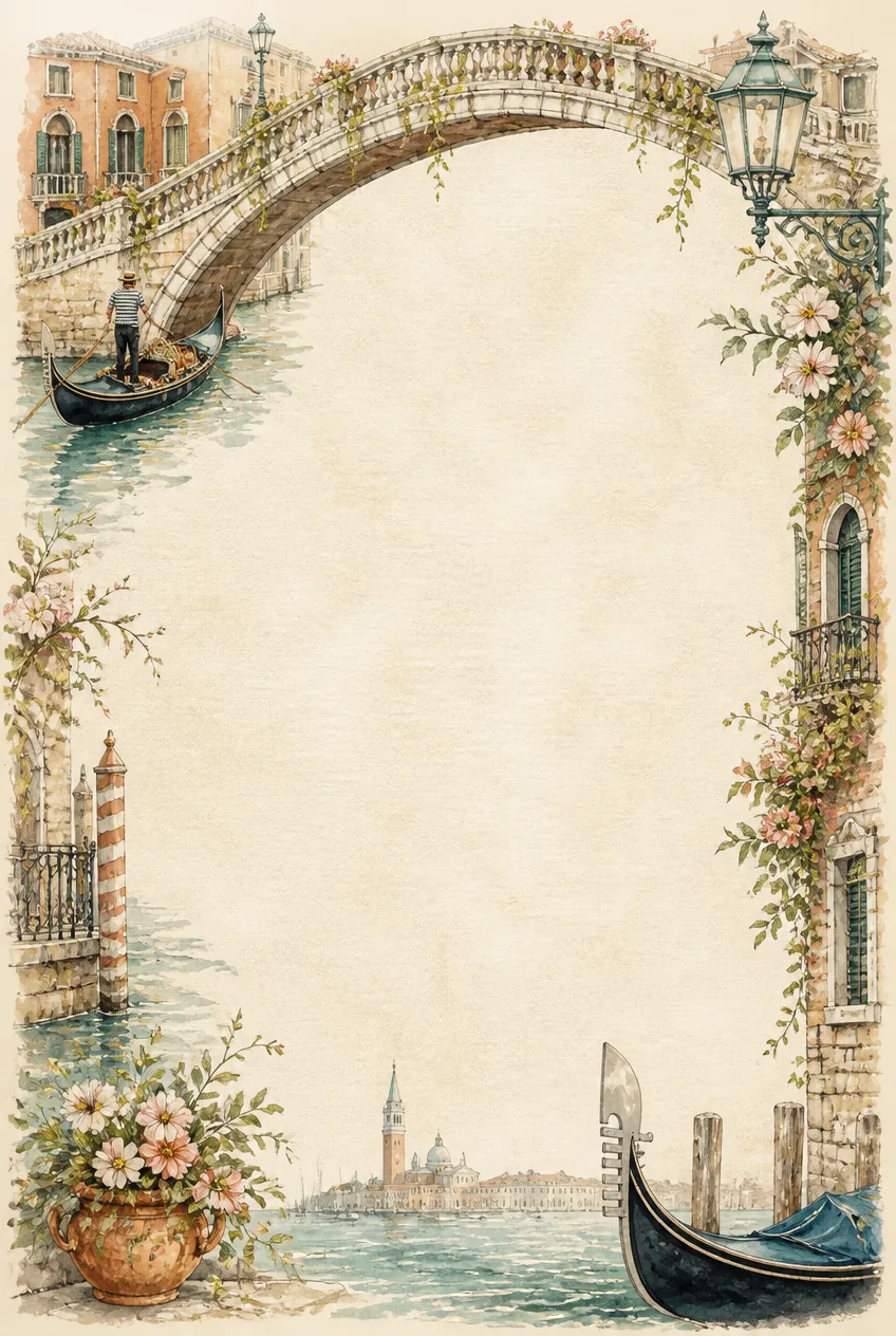 Stationery page border featuring a gondolier under a Venetian bridge and floral decor.