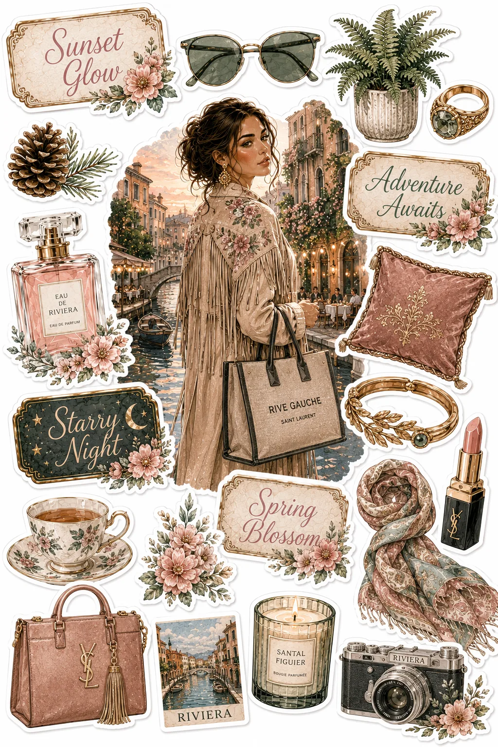 Woman in a fringed coat on a canal bridge surrounded by designer handbag and teacup stickers.