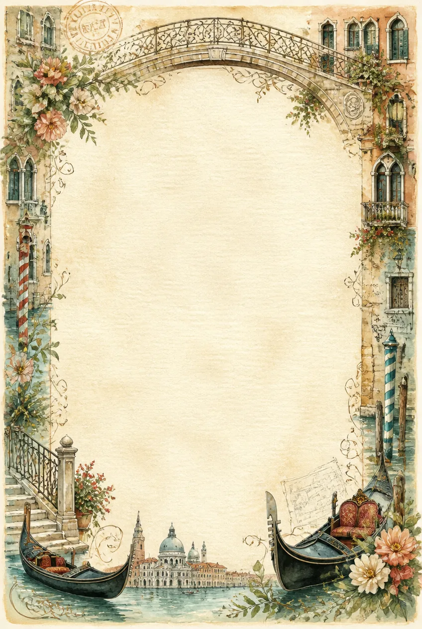 Venetian canal page border with watercolor stone arch bridge, gondolas, and flowers.