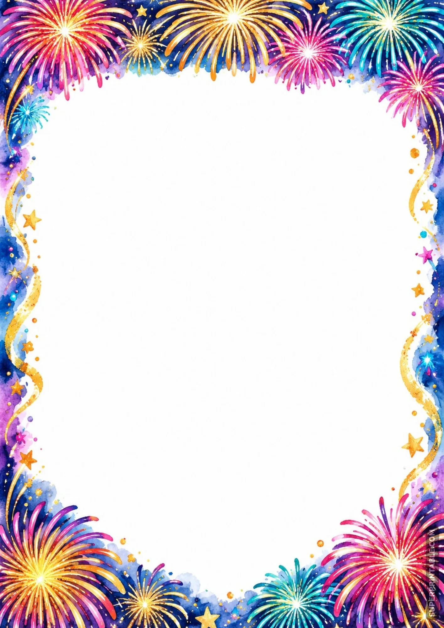 Colorful watercolor fireworks celebration colored border pages design with bright explosions and stars.