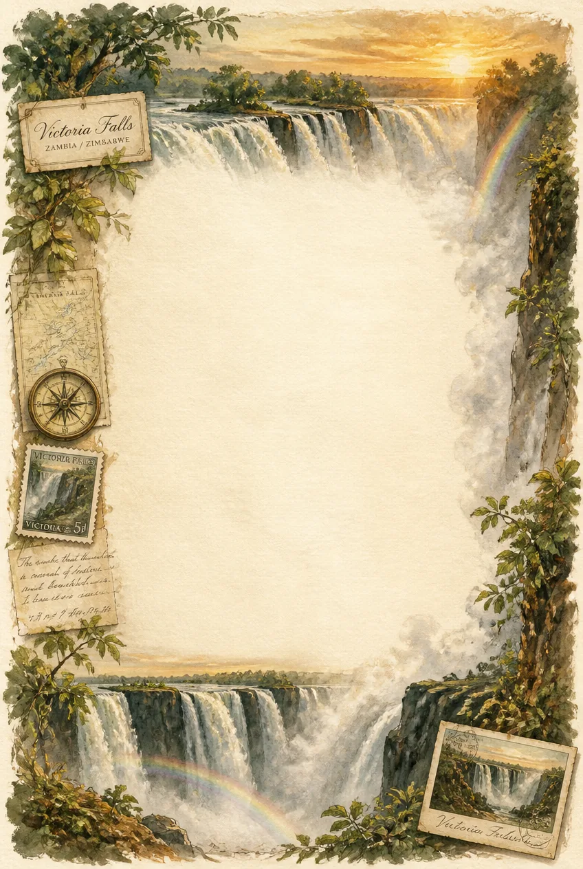 Vintage watercolor border depicting Victoria Falls with historic postage stamp.