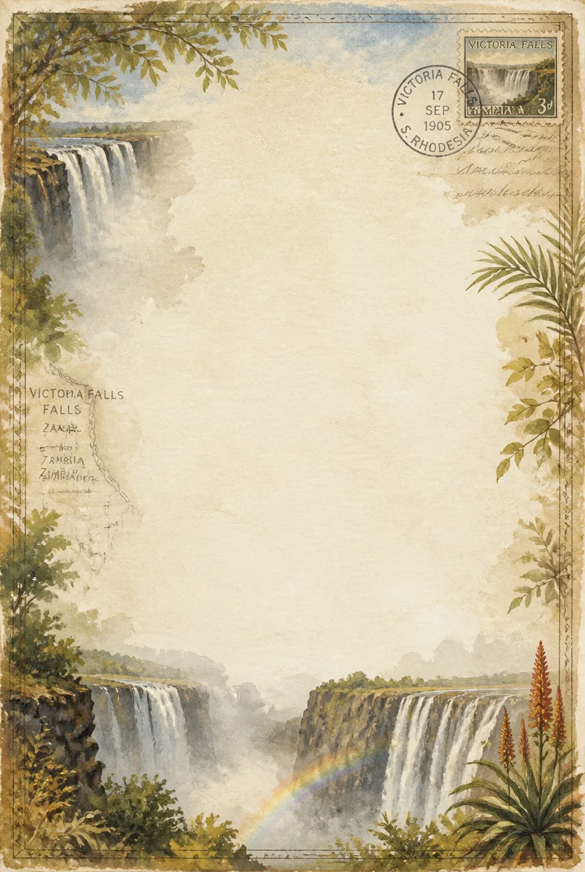 Victoria Falls watercolor stationery page with rainbow, mist spray, and open journal.
