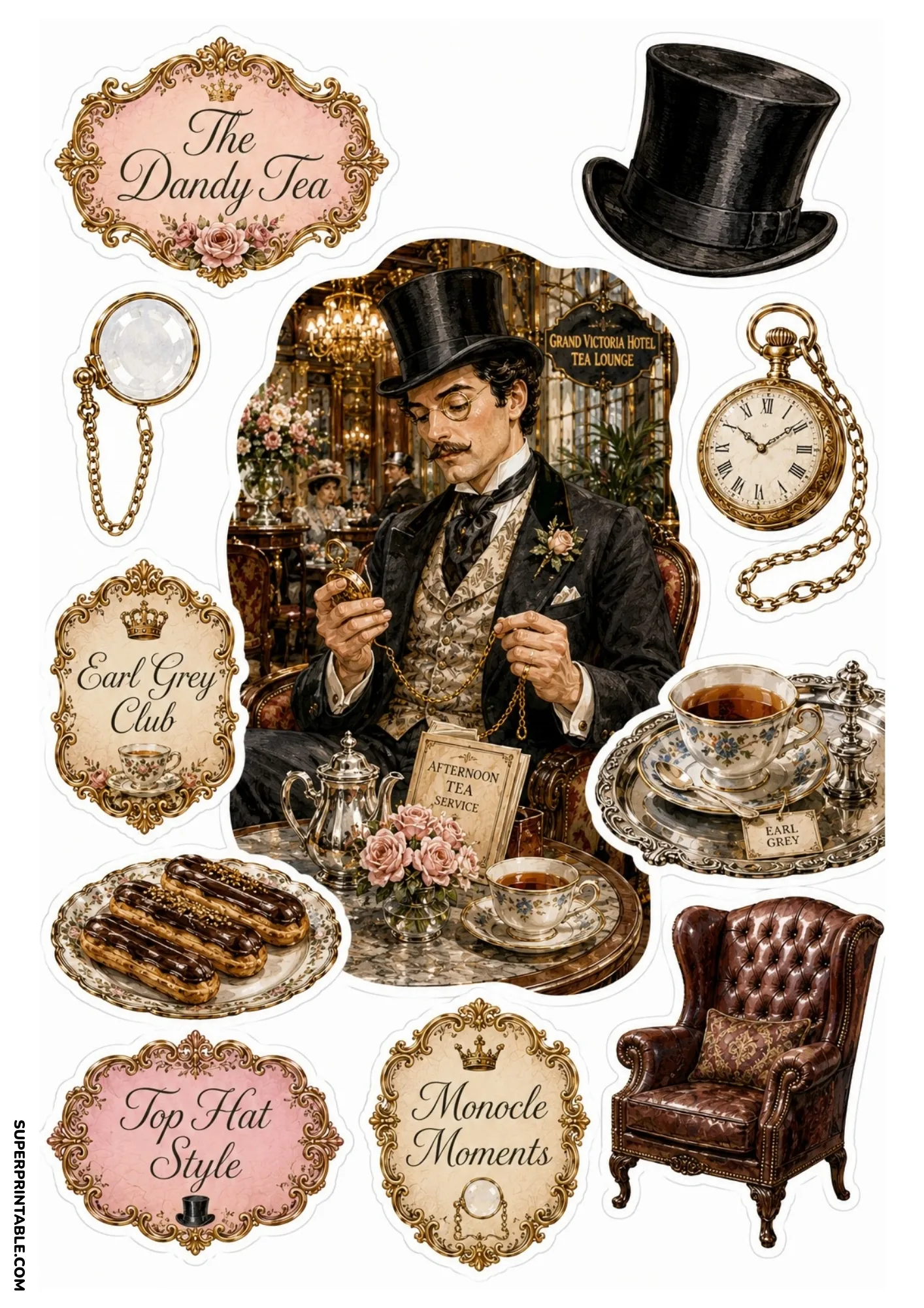 Dandy gentleman wearing a top hat drinking Earl Grey tea alongside chocolate eclairs and leather armchair.