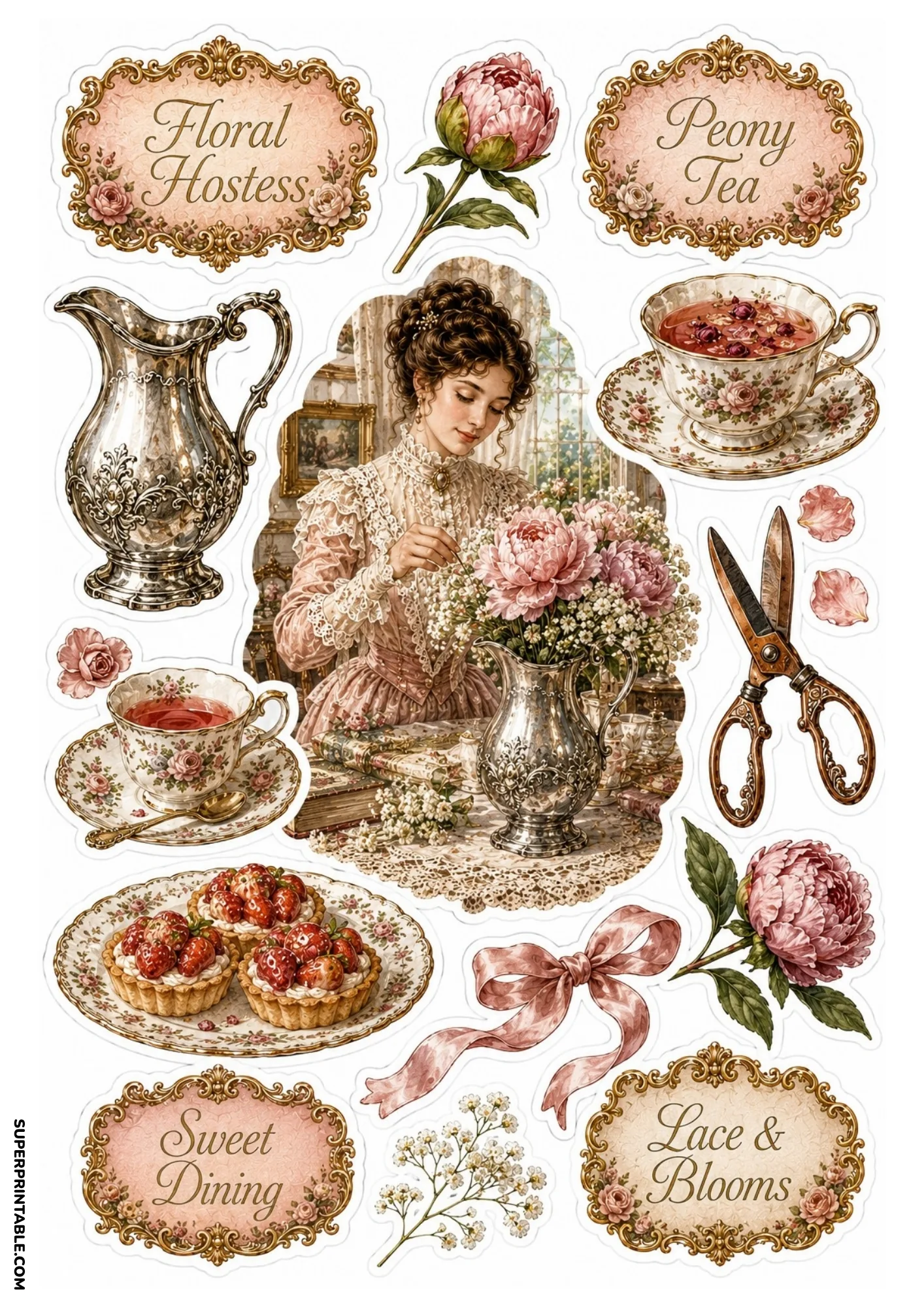 Detailed vintage sticker sheet with a lady arranging pink peonies next to tea cups and pastries.