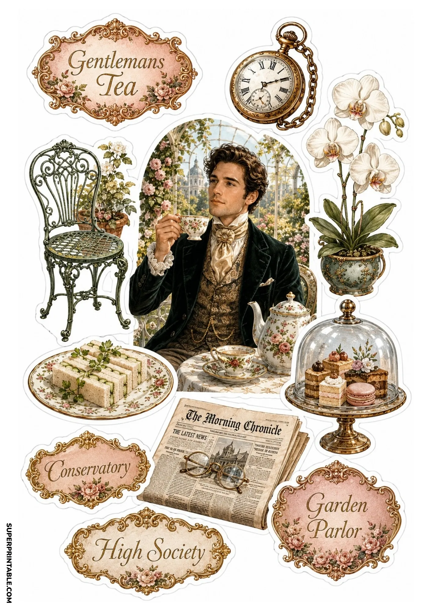 Victorian gentleman sipping tea in a conservatory surrounded by orchids, newspapers, and cucumber sandwiches.