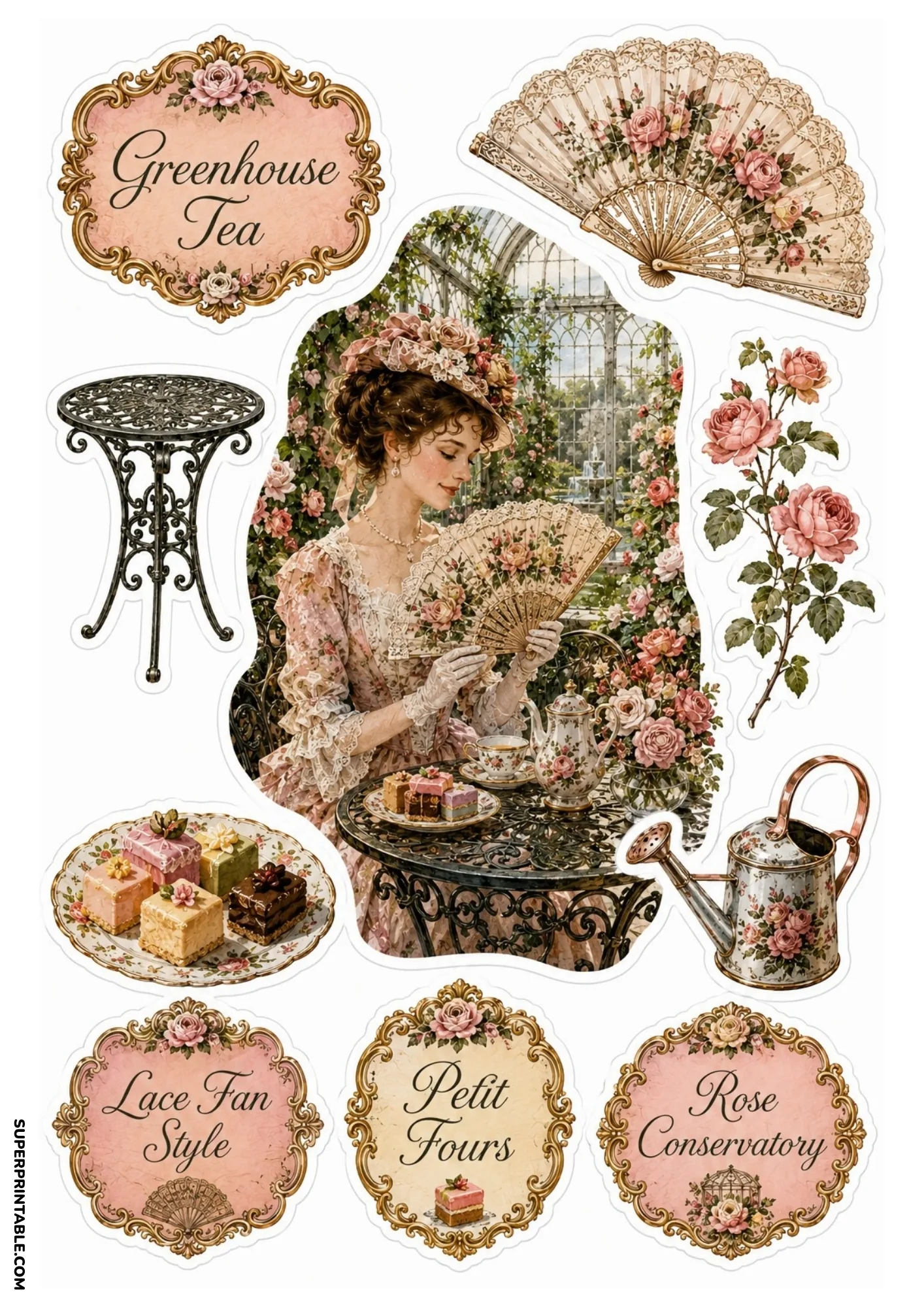 Vintage greenhouse tea sticker sheet showing a Victorian lady with a lace fan and petit four pastries.