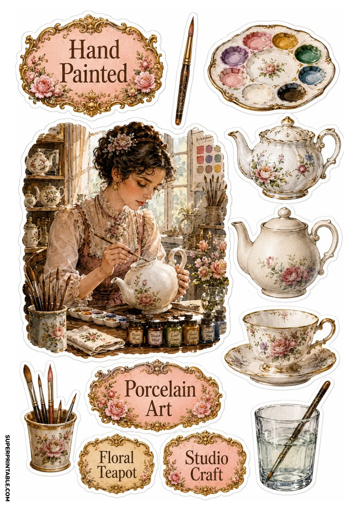Crafting sticker sheet showing a Victorian artist painting floral motifs on porcelain teapots.