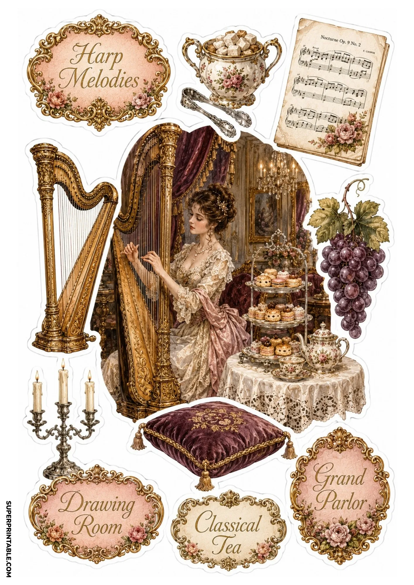 Victorian harpist in a grand parlor surrounded by classical sheet music, candles, and high tea treats.