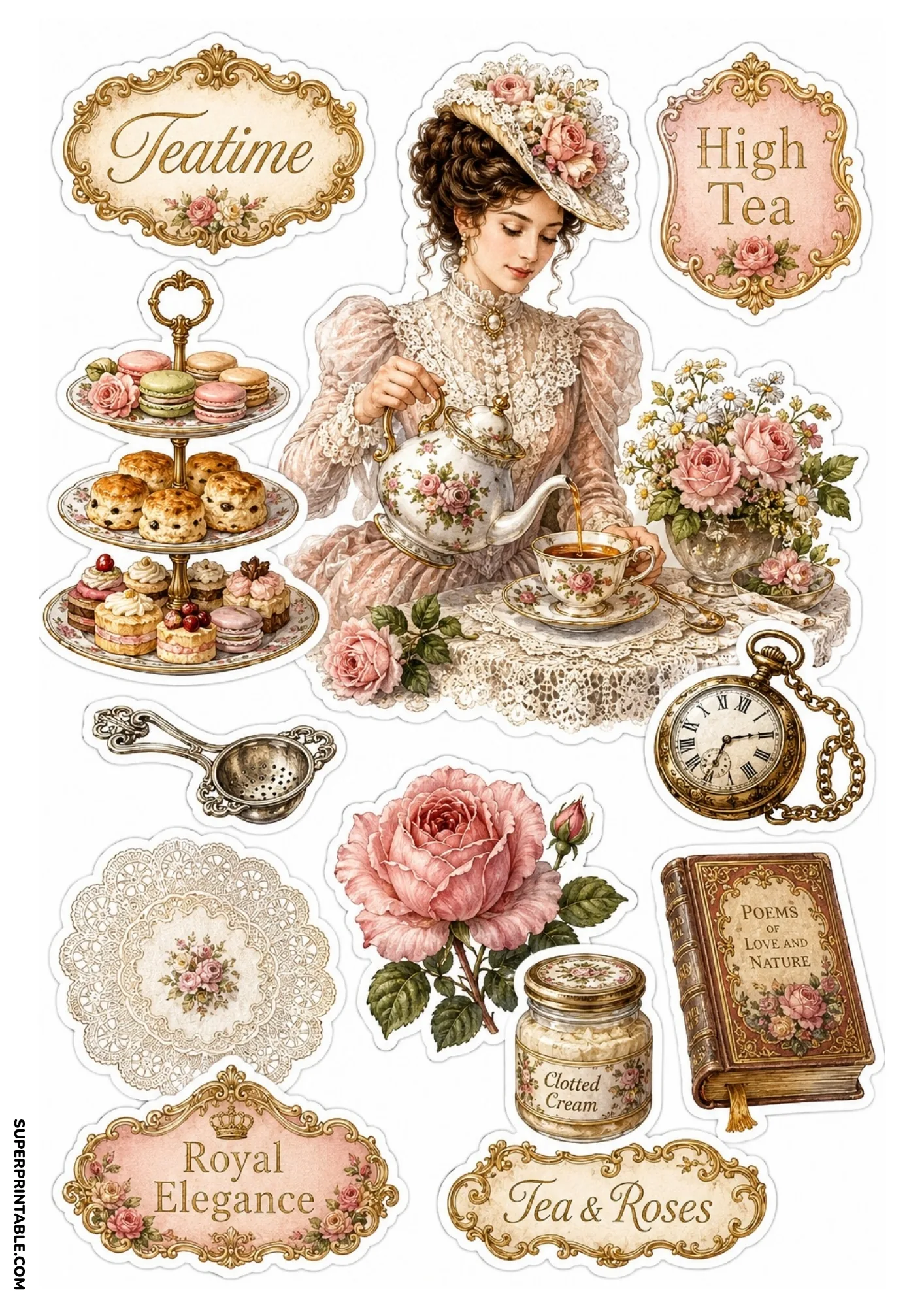 High tea page from victorian tea sticker sheets showing a lady pouring tea beside a tiered dessert stand.
