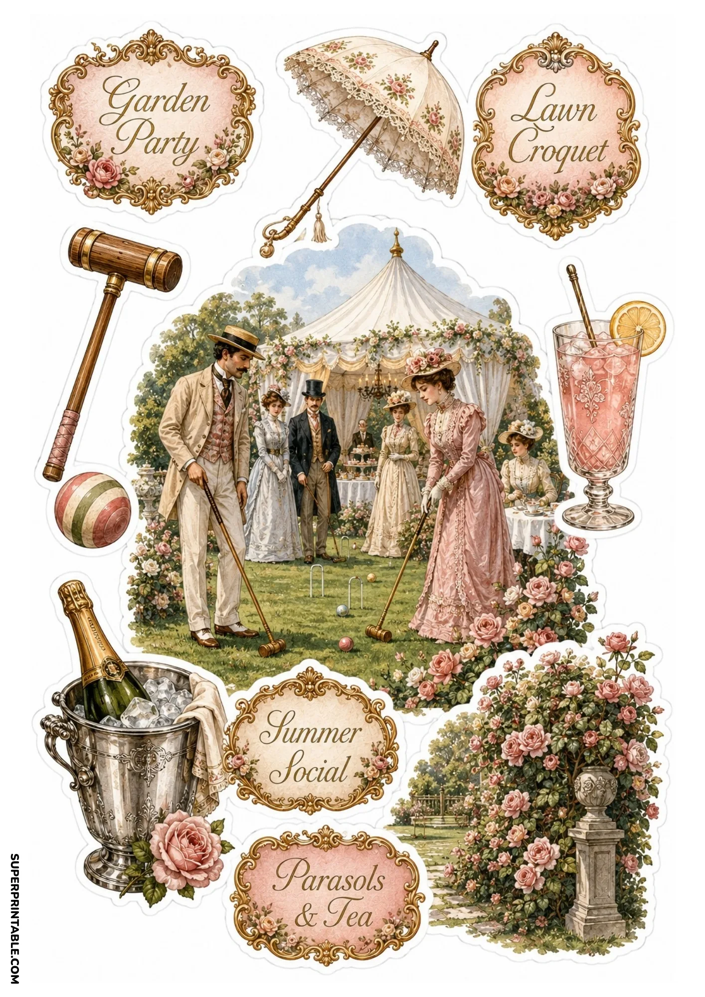 Victorian garden party stickers featuring lawn croquet players, lace parasols, and iced beverages.