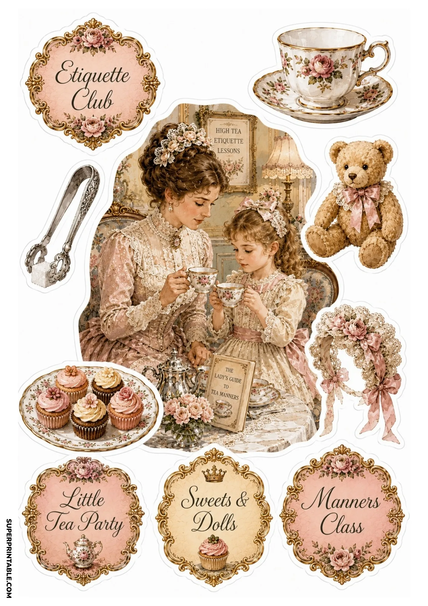Victorian tea sticker sheets showing a mother and daughter sipping tea beside vintage floral labels.