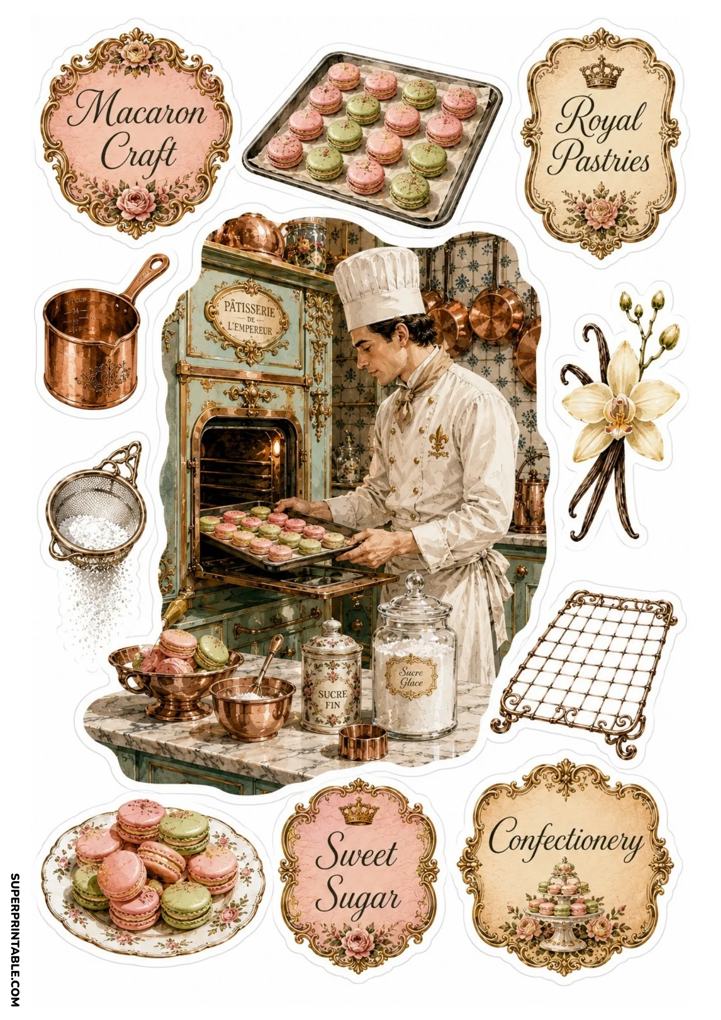 Pastry chef baking fresh macarons in a vintage Victorian kitchen with baking utensils and sweets.
